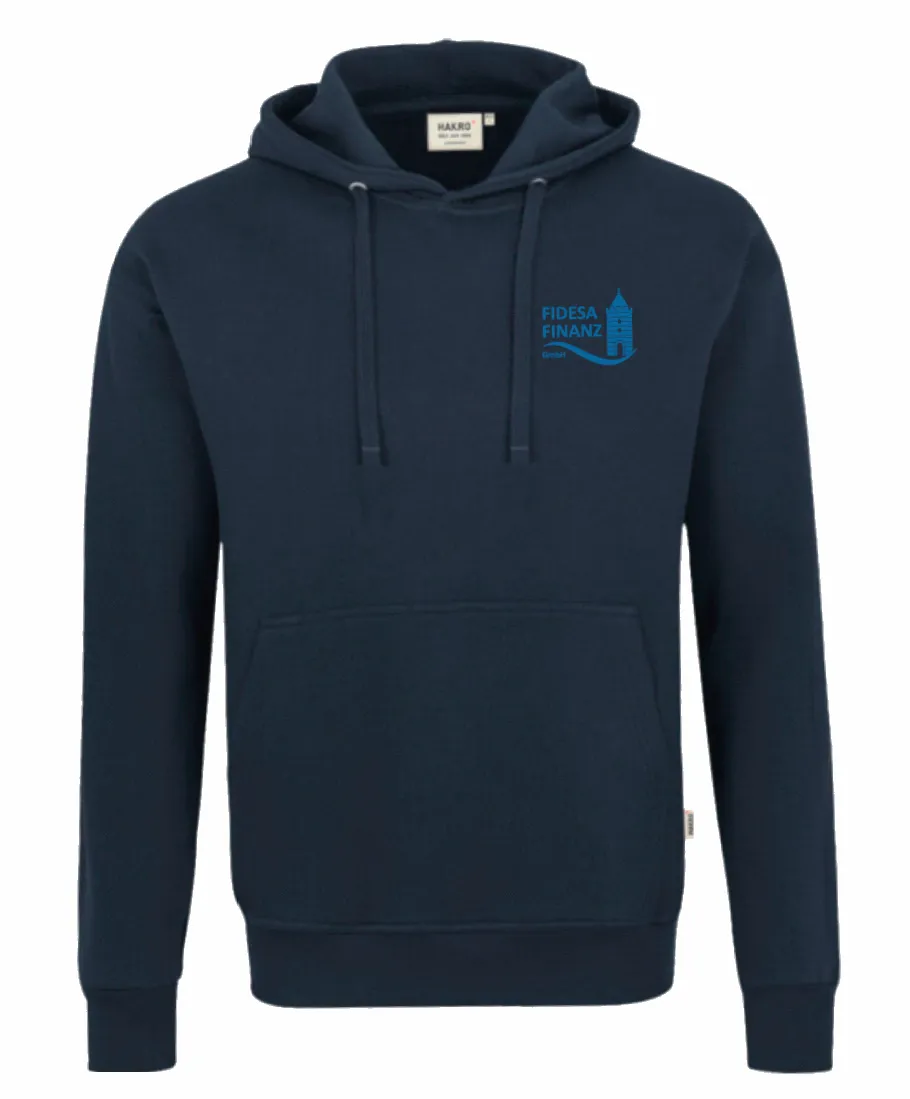 Hakro-Hoodie in Marineblau mit gesticktem Fidesa-Brand-Mark auf der linken Brust, Frontansicht.
